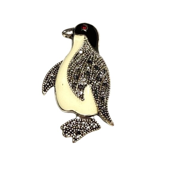Penguin Brooch Sterling Silver Marcasite Simulated Ruby European Vintage Style - Picture 6 of 8